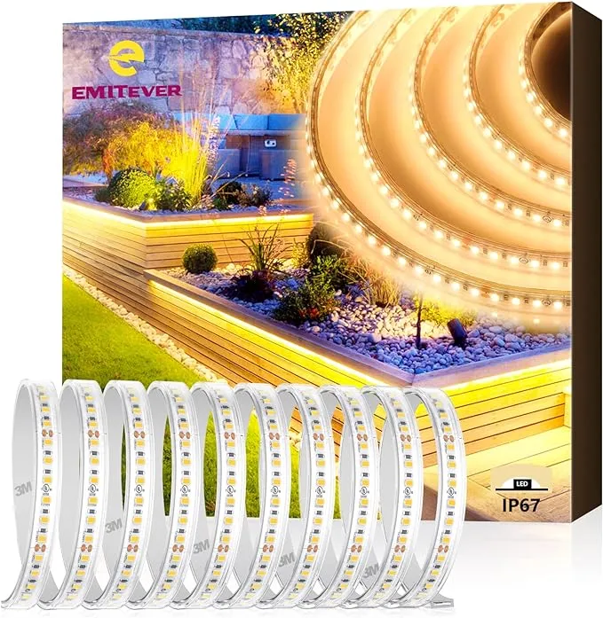 EMITEVER Outdoor LED Strip Lights 3000K 16.4FT 600LEDs Waterproof, White 