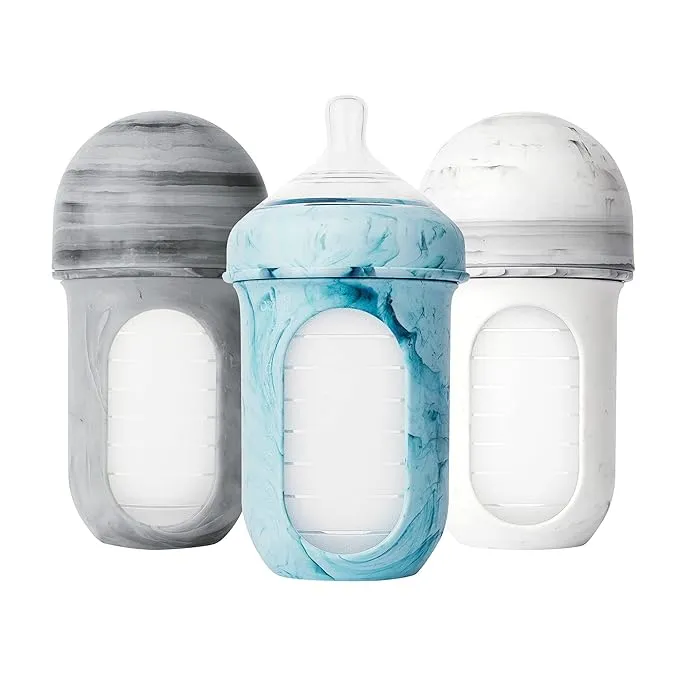 Boon Nursh Reusable Silicone Baby Bottles with Collapsible Silicone Pouch Design - Everyday Baby Essentials - Stage 2 Medium Flow Baby Bottles - Tie Dye - 8 Oz - 3 Count