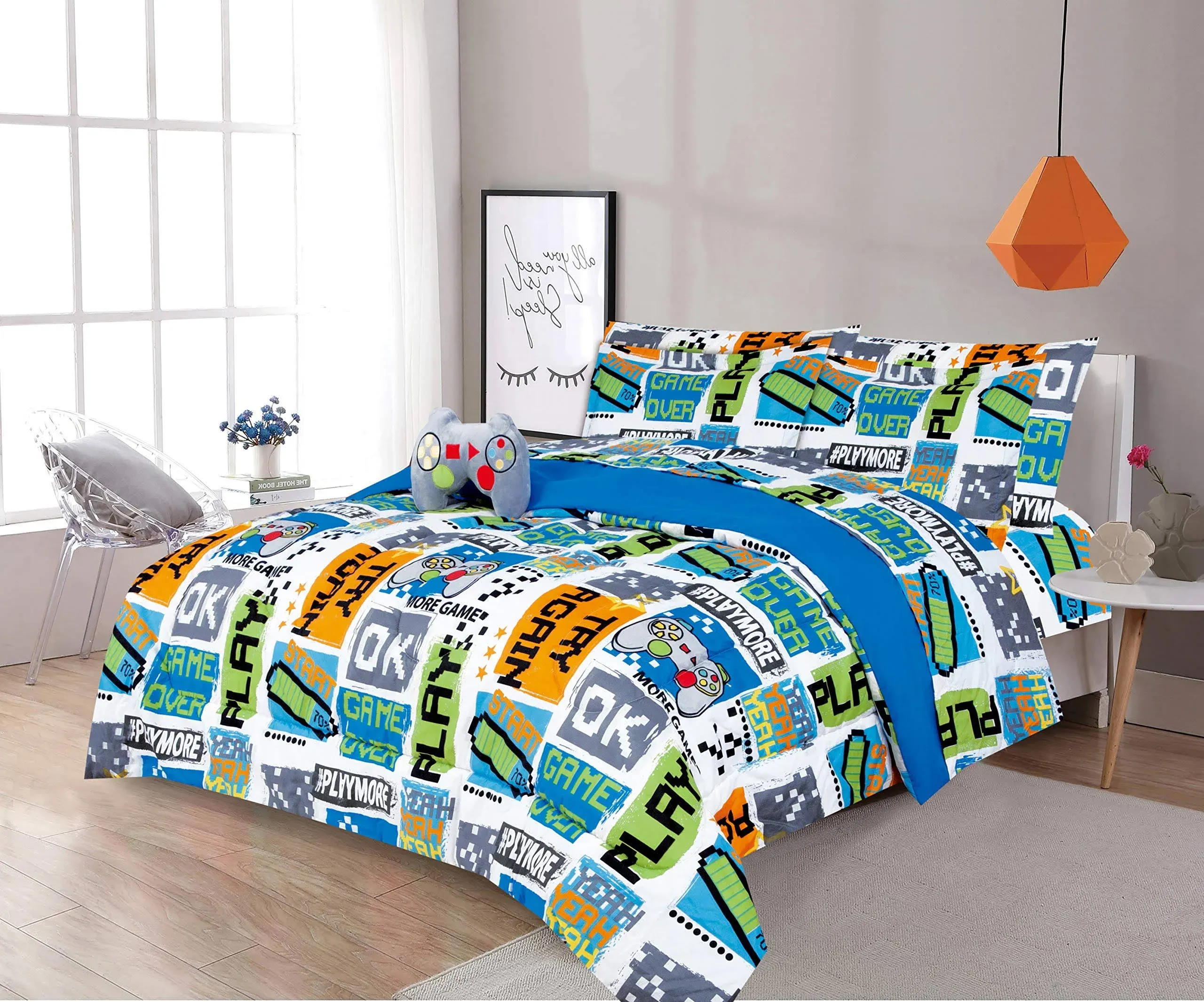 Sapphire Home 6 Piece Gamer Bedding Set Twin, Bed in a Bag, Kids Comforter Set with Bed Sheets, Pillow Case, Toy Pillow, Toddler Bedroom Kit, Video Game Bedding, Twin Size