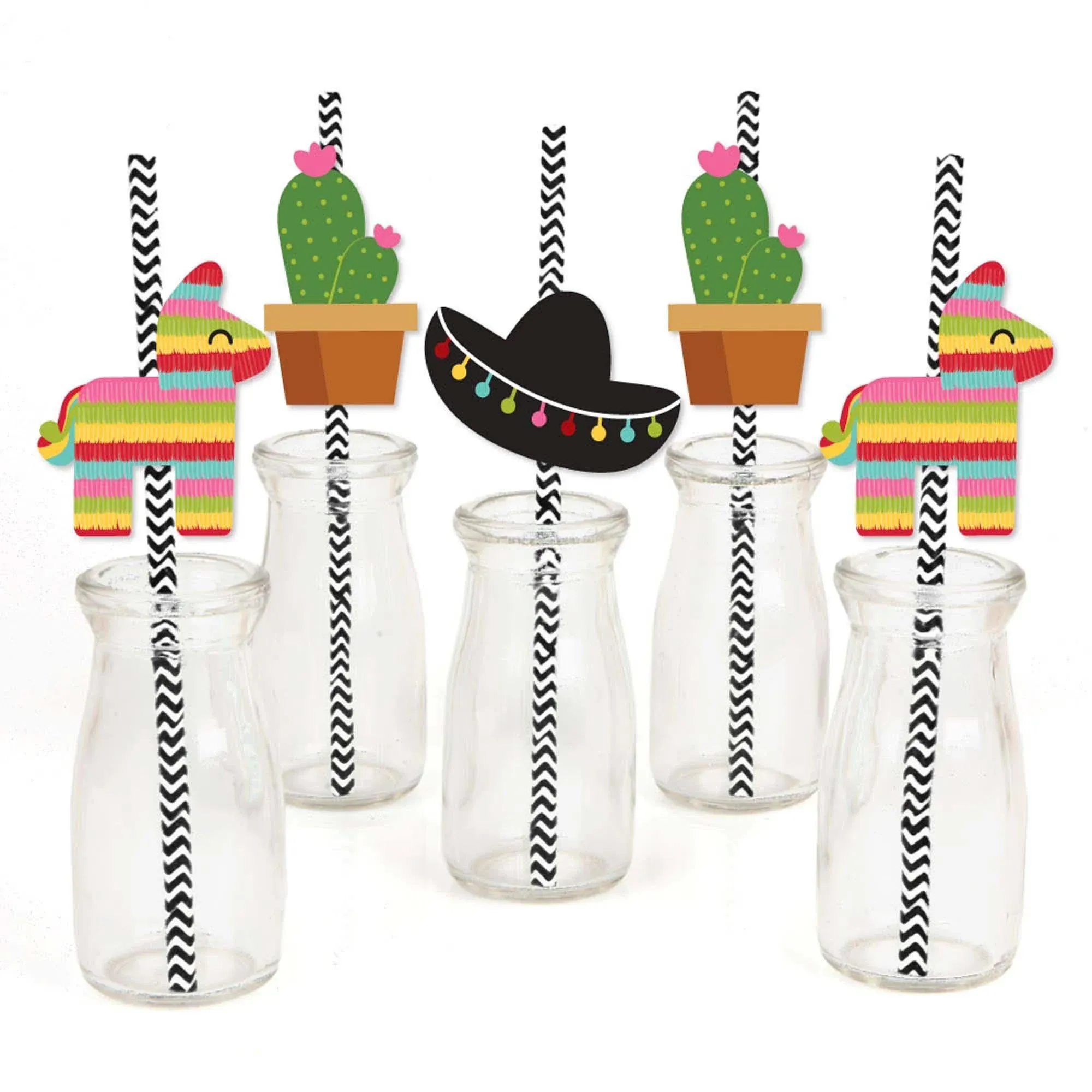 "Let's Fiesta - Paper Straw Decor - Mexican Fiesta Party Striped Decorative Straws - Set of 24"