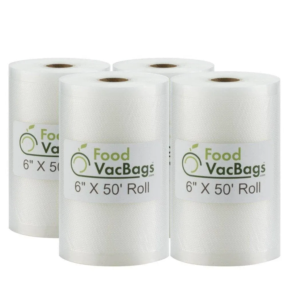 Four 6" X 50' Rolls of FoodVacBags Commercial Grade Vacuum Sealer Bags, FoodSaver Compatible, Sous Vide Cooking Storage Pouches