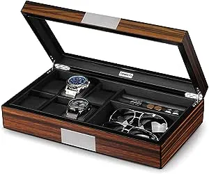 Lifomenz Co Watch Jewelry Box for Men 6 Slot Watch Box,6 Watch Case 8 Pair Cufflinks and Sunglasses Display Box,Wood Large Watch Display Case Organizer with Real Glass Window Top