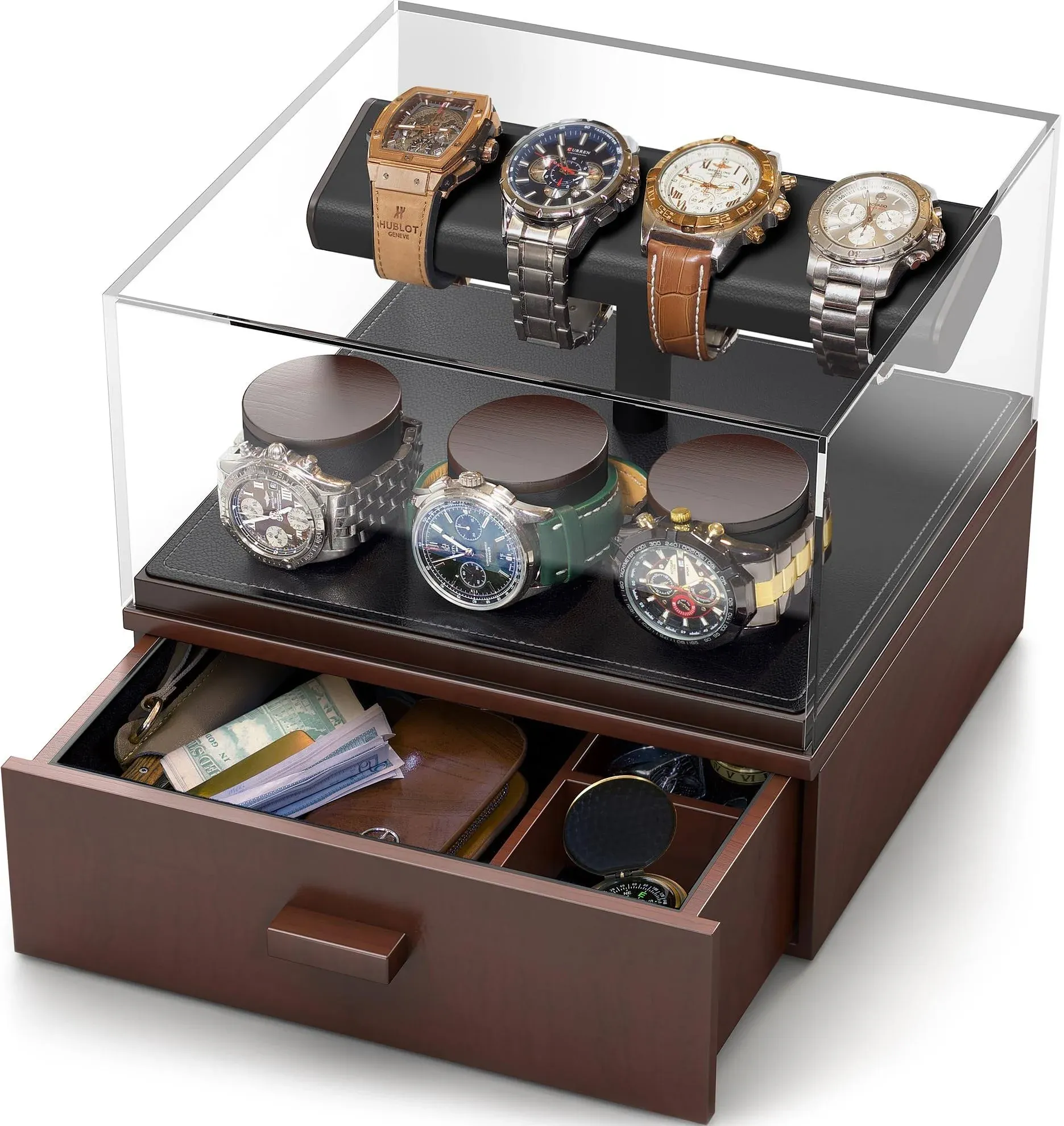 Watch Display Case - Mens Wood Watch Stand - PU Leather Padding &amp; Removable A...