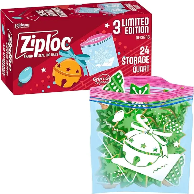 Ziploc Quart Food Storage Bags, Grip 'n Seal Technology for Easier Grip, Open, and Close, 24 Count, Holiday Designs, Packaging May Vary