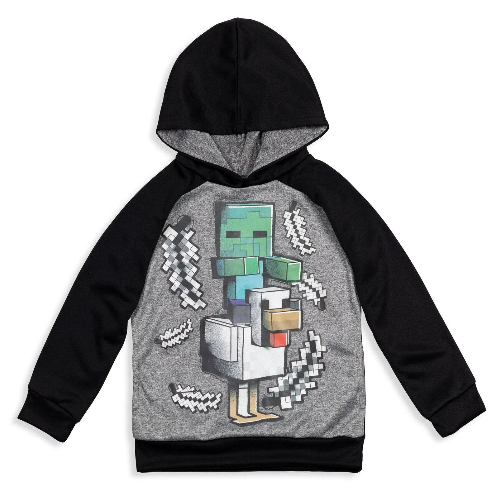 Minecraft Zombie Big Boys Fleece Pullover Hoodie Light Gray/Black 14-16