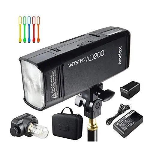 Godox AD200 200Ws 2.4G TTL Speedlite Flash Strobe 1/8000 HSS Monolight with 2900mAh Lithium Battery and Bare Bulb Flash Head to Provide 500 Full