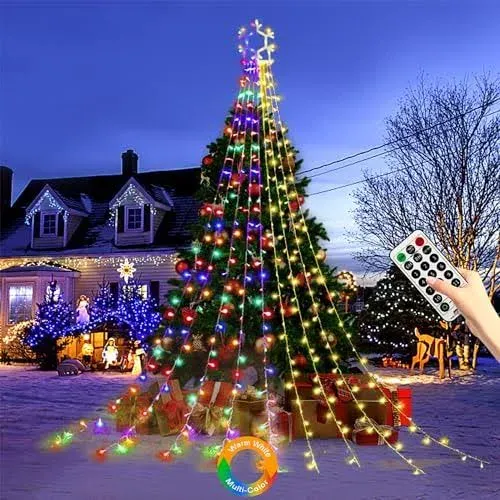 PUHONG Christmas Decoration Star Flowing Multicolor Color Changing Lights Outdoor, 320 LED 16.4Ft Star Waterfall Tree Lights with 8 Lighting Modes Remote Timer, for Xmas New Year Holiday Birthday