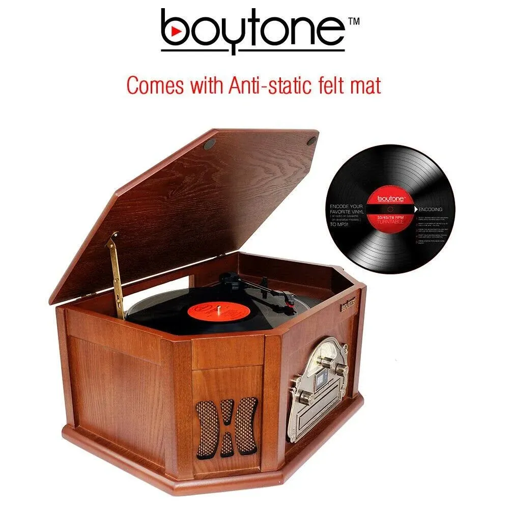 Boytone BT-25MB 8-in-1 Natural Wood Classic Turntable Stereo System with Bluetooth