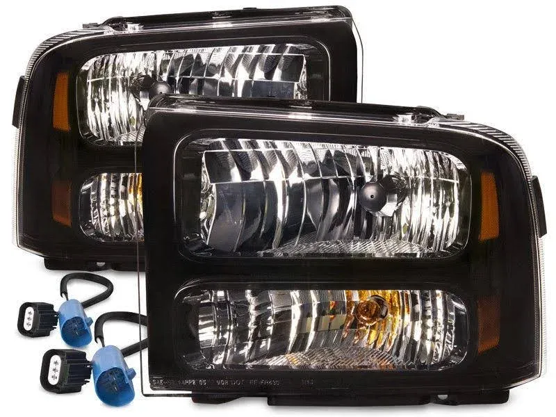 Headlights Black 00 01 02 03 Fits 99-04 Ford Superduty Excursion Conversion 07