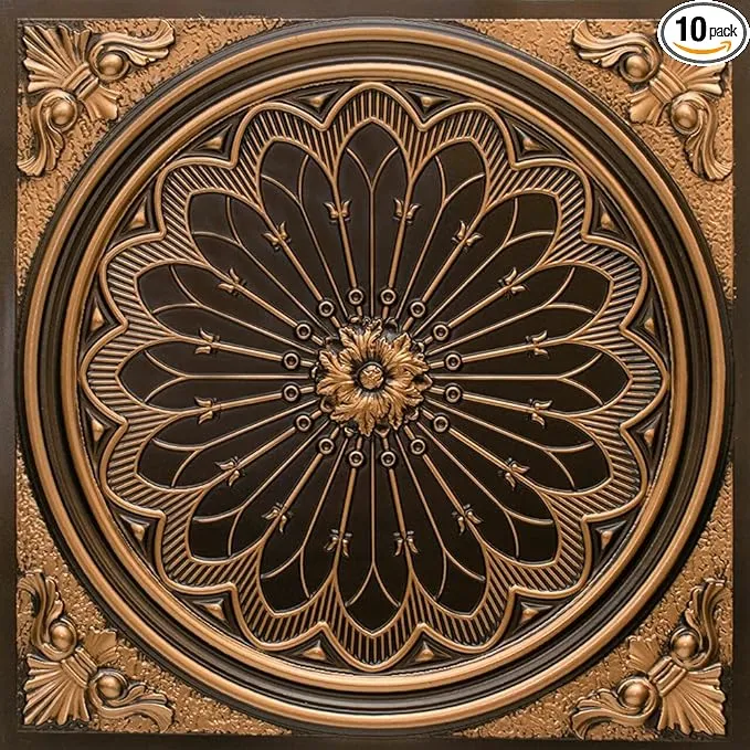 238 Rose Window PVC 2' x 2' Lay-in or Glue-up Ceiling Tile, Pack of 10, Antique Gold, 10 Piece