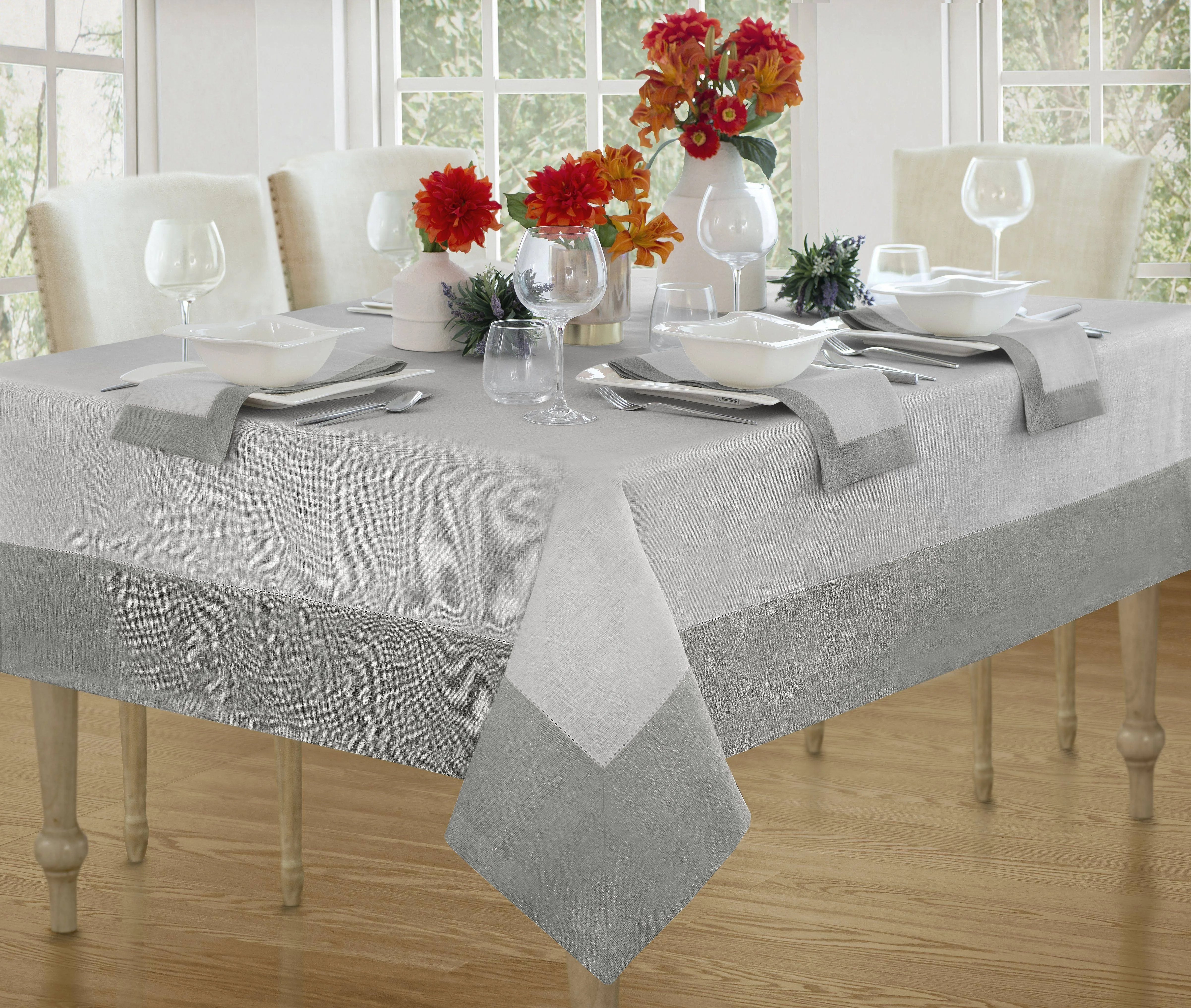 Elrene Home Fashions Villeroy and Boch New Wave Metallic Border Linen Fabric Tablecloth, Round, 90 Inches, Gray/Silver