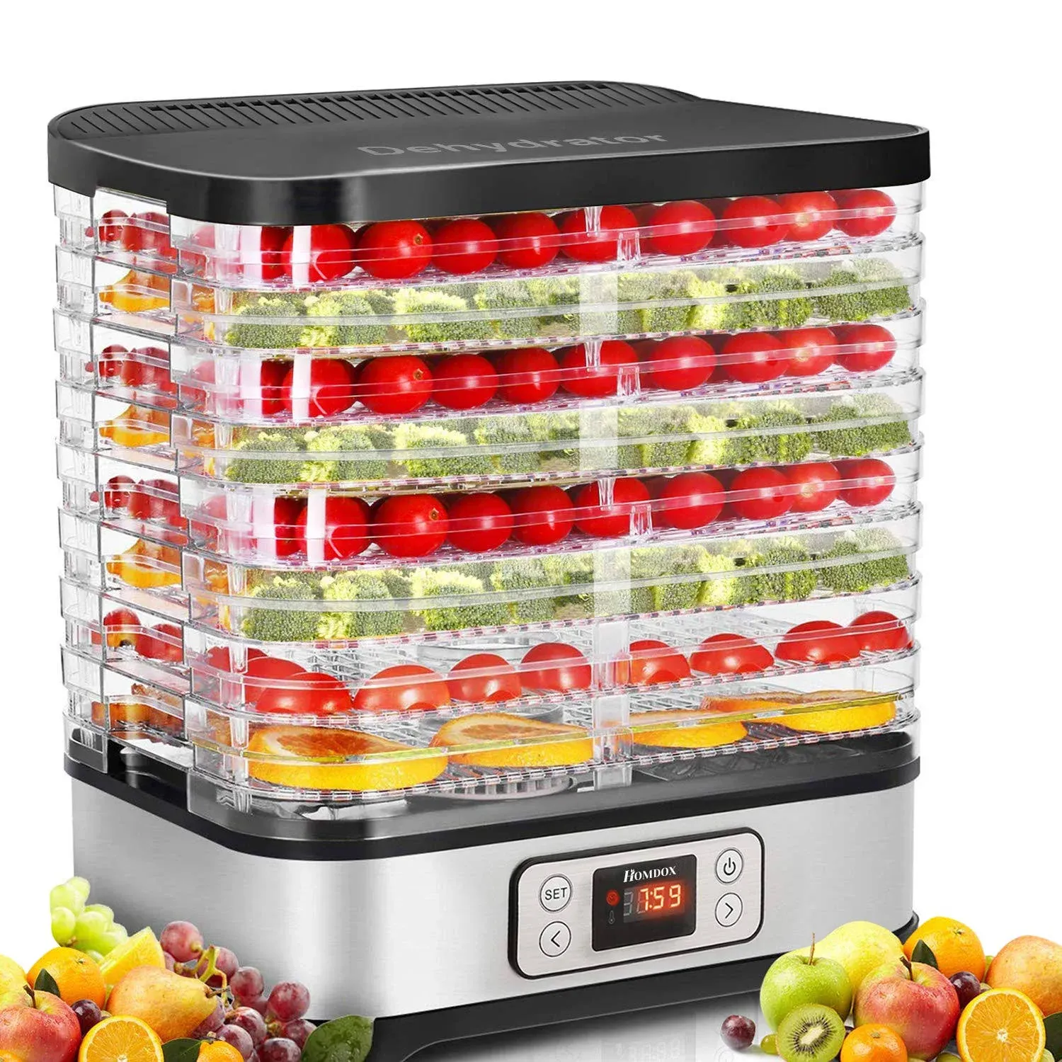 Homdox 8 Trays Food Dehydrator Machine with Fruit Roll Sheet, Digital Timer and ...