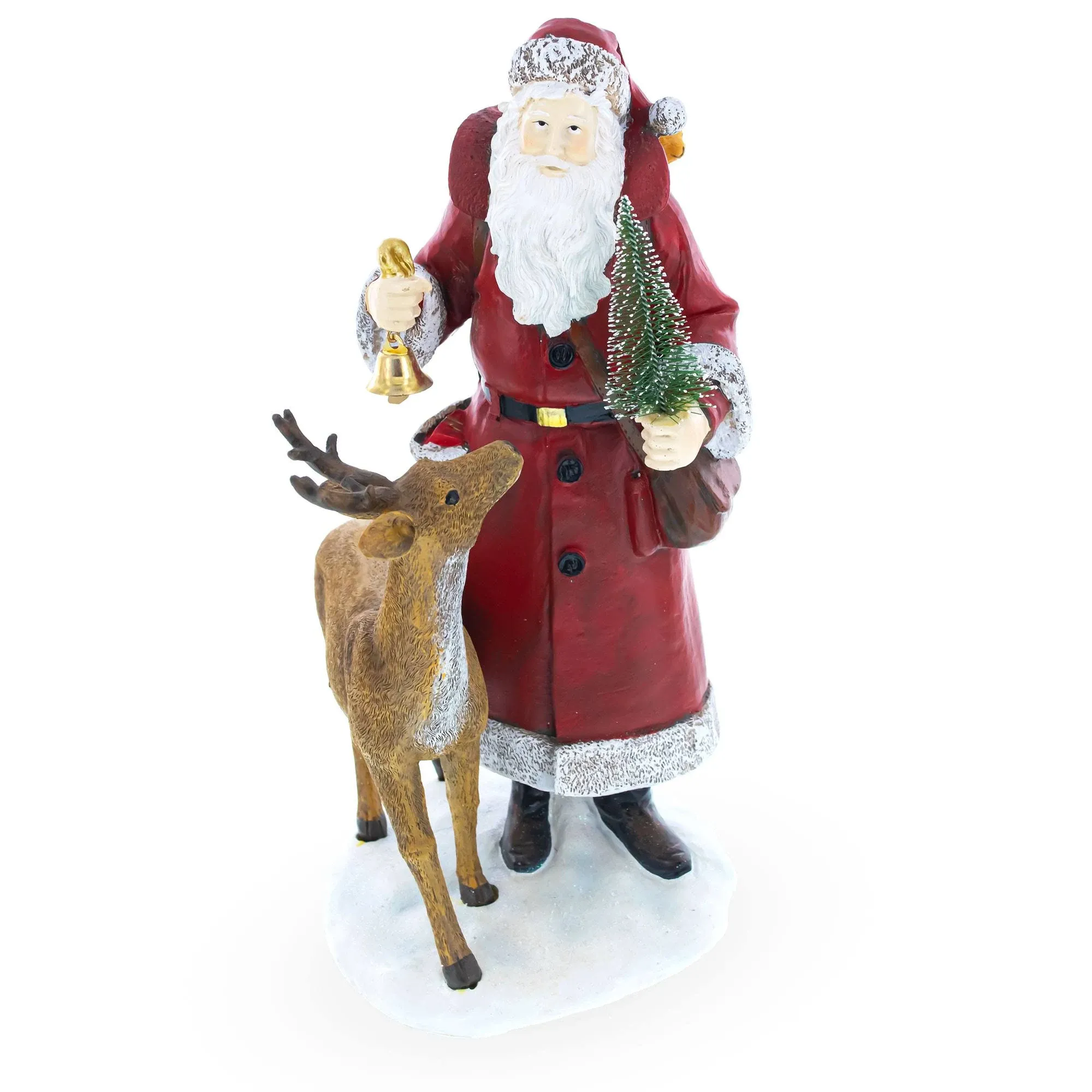 Santa Holding Christmas Tree and Bell by Reindeer Figurine 12 Inches