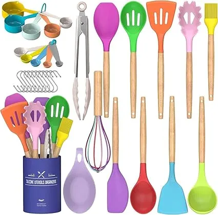 Umite Chef Kitchen Cooking Utensils Set, 33 Pcs Non-Stick Silicone Cooking Kitchen Utensils Spatula Set with Holder, Wooden Handle Silicone Kitchen