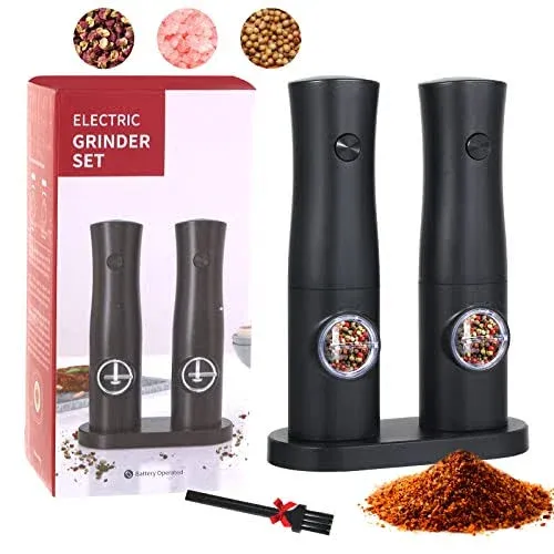 Electric Salt and Pepper Grinder Set - Battery Operated Pepper Mill with Adjustable Coarseness - Automatic Pepper Shakers with Light for Kitchen