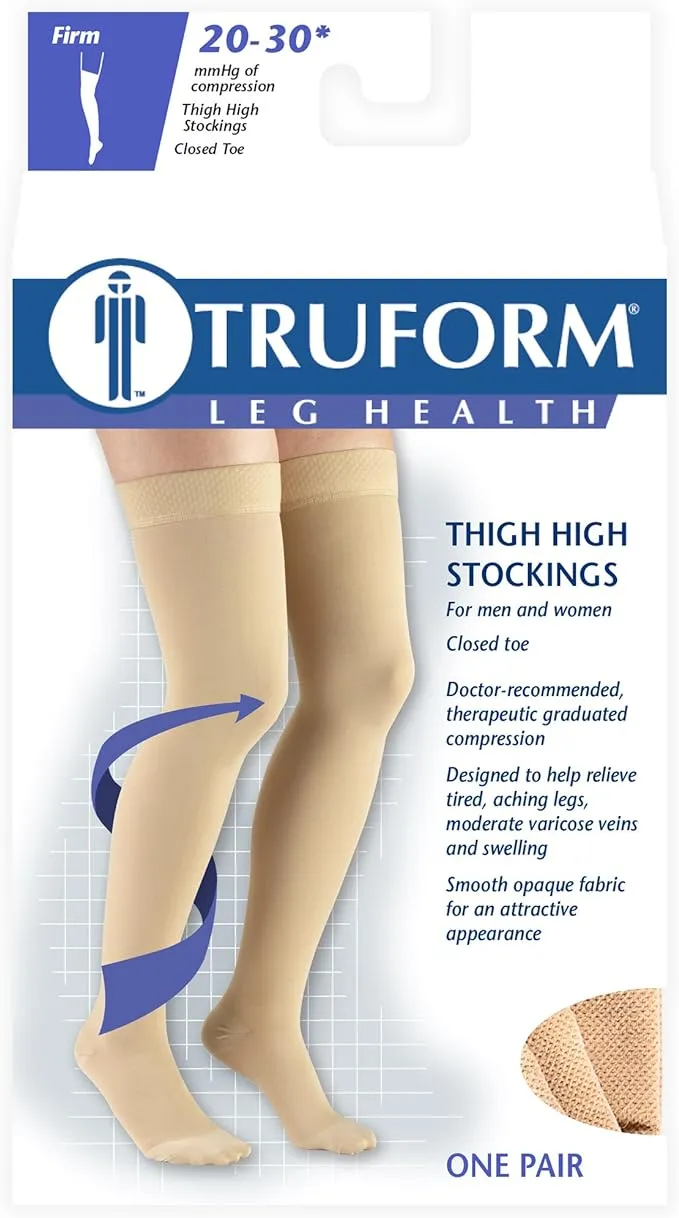 Truform 20-30 mmHg Compression Stockings for Men and Women, Thigh High Length, Dot Top, Closed Toe, Black, Medium