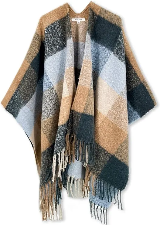 Moss Rose Women's Travel Plaid Shawl Wrap Open Front Poncho Cape for Fall Winter