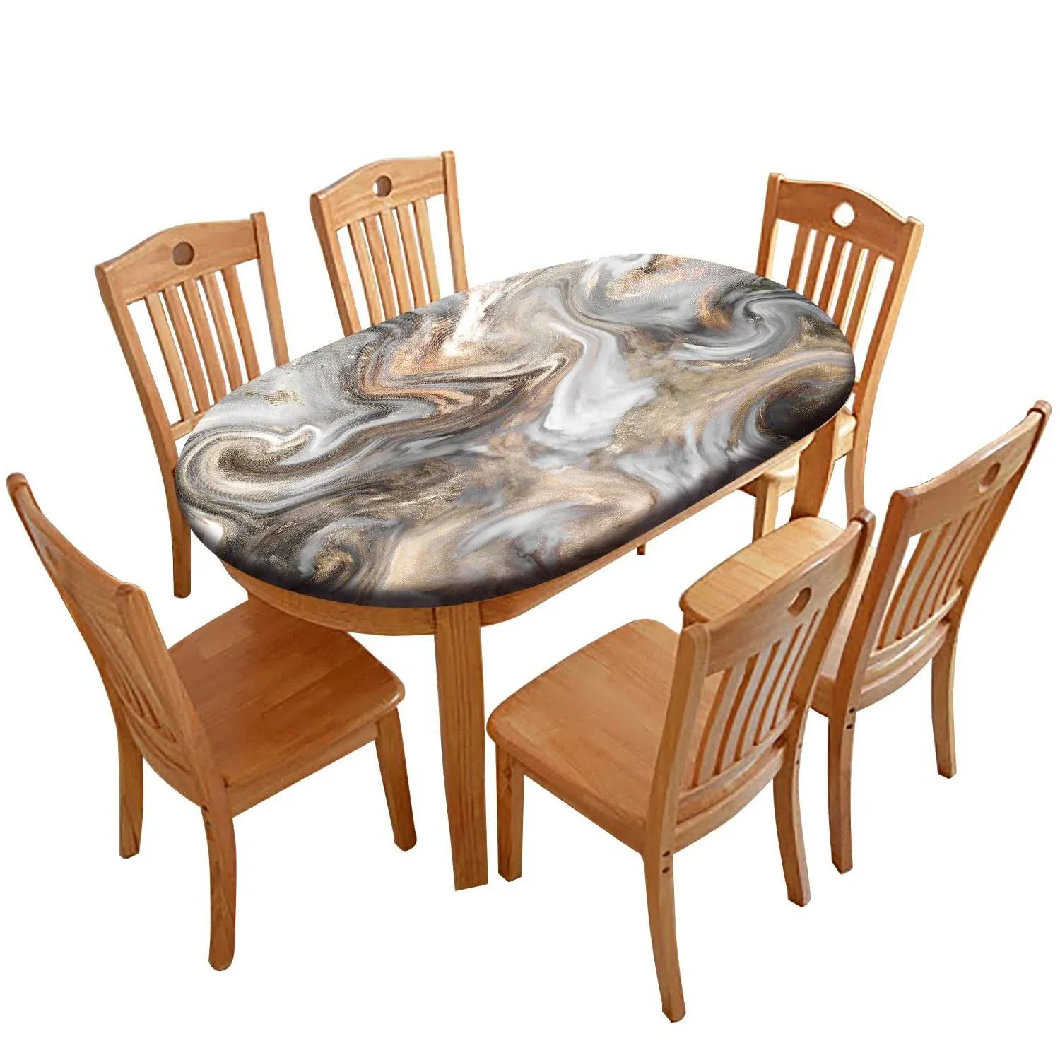 Marble Oval Fitted Tablecloth, Retro Marbling Texture Elastic Edged Table Covers ...