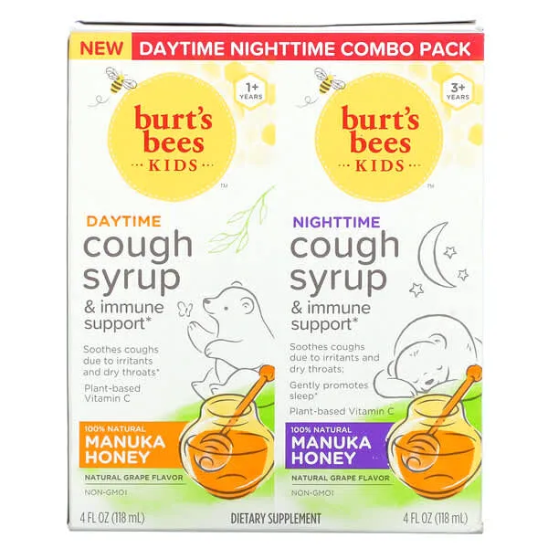 Burt's Bees, Kids, Daytime/Nighttime Cough Syrup & Immune Support, Combo Pack, Natural Grape, 2 Pack, 4 fl oz (118 ml) Each