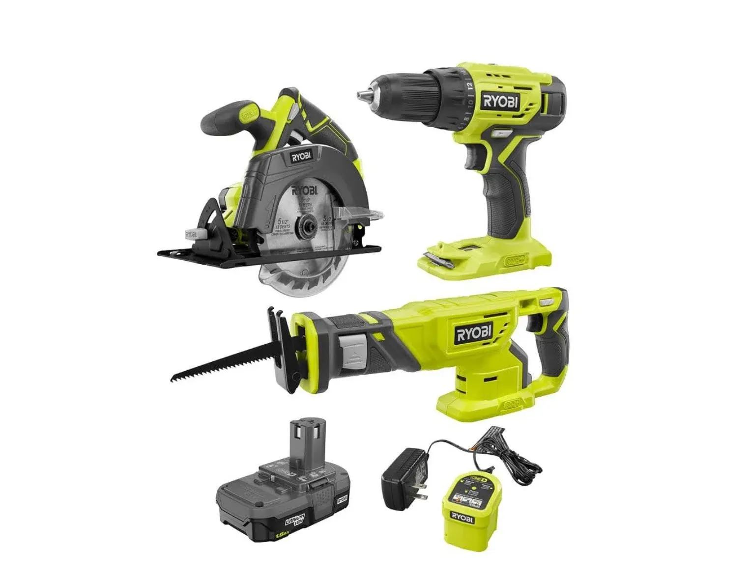 Ryobi 18V One+ Lithium-Ion Cordless 3-Tool Combo Kit with (1) 1.5 Ah Battery and ...