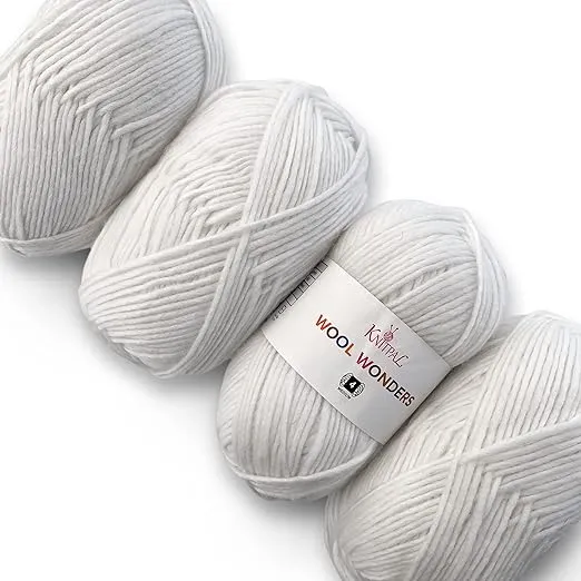 Wool Wonders Soft Woolen Knitting Yarn, Medium Heavy Worsted/Aran Weight, 30% Australian Wool and 70% Acrylic, 4-Skein Bulk Size, 400g/640yds - Lily White