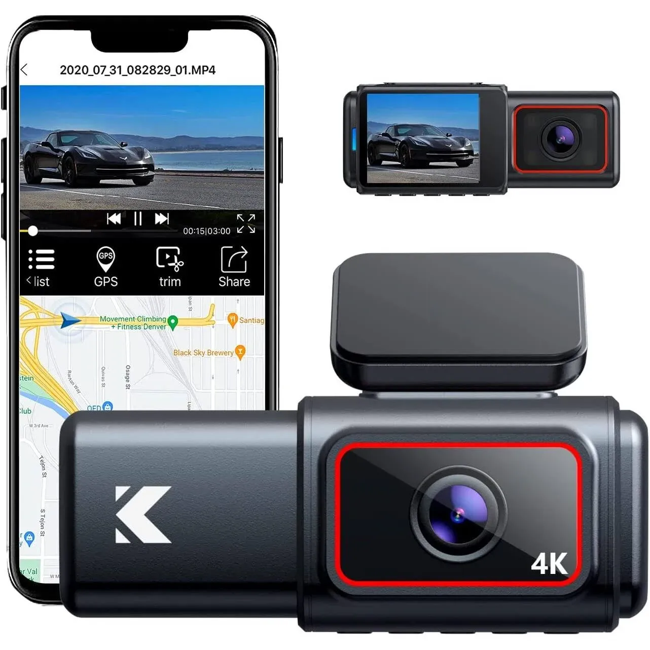 Kingslim D6-4K Dual Dash Cam - WiFi & GPS 4K Front and 1080P Inside Type-C Uber Car Camera with Super Night Vision and 24-Hour Parking Monitor, 3 Channel Dash Cam Optional, Black