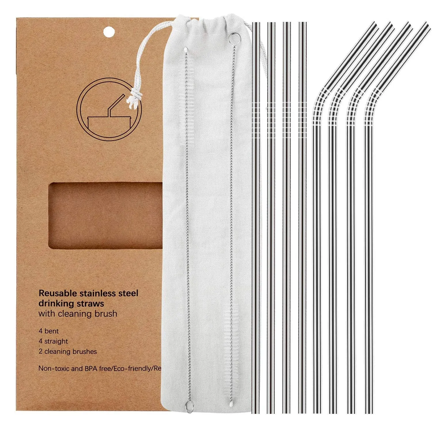 Reusable Stainless Steel Straws (Set of 8) plus straw cleaning brushes (2)