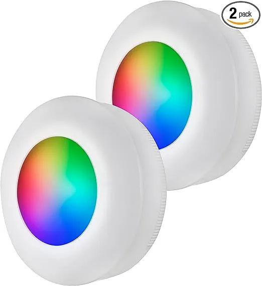 Energizer LED Puck Light, 2 Pack, Color Changing, 35 Lumens, Push On/Off, Battery Operated, Under Cabinet Lighting, Ideal for Bedroom, Closet, Bathroom, and More, 38912