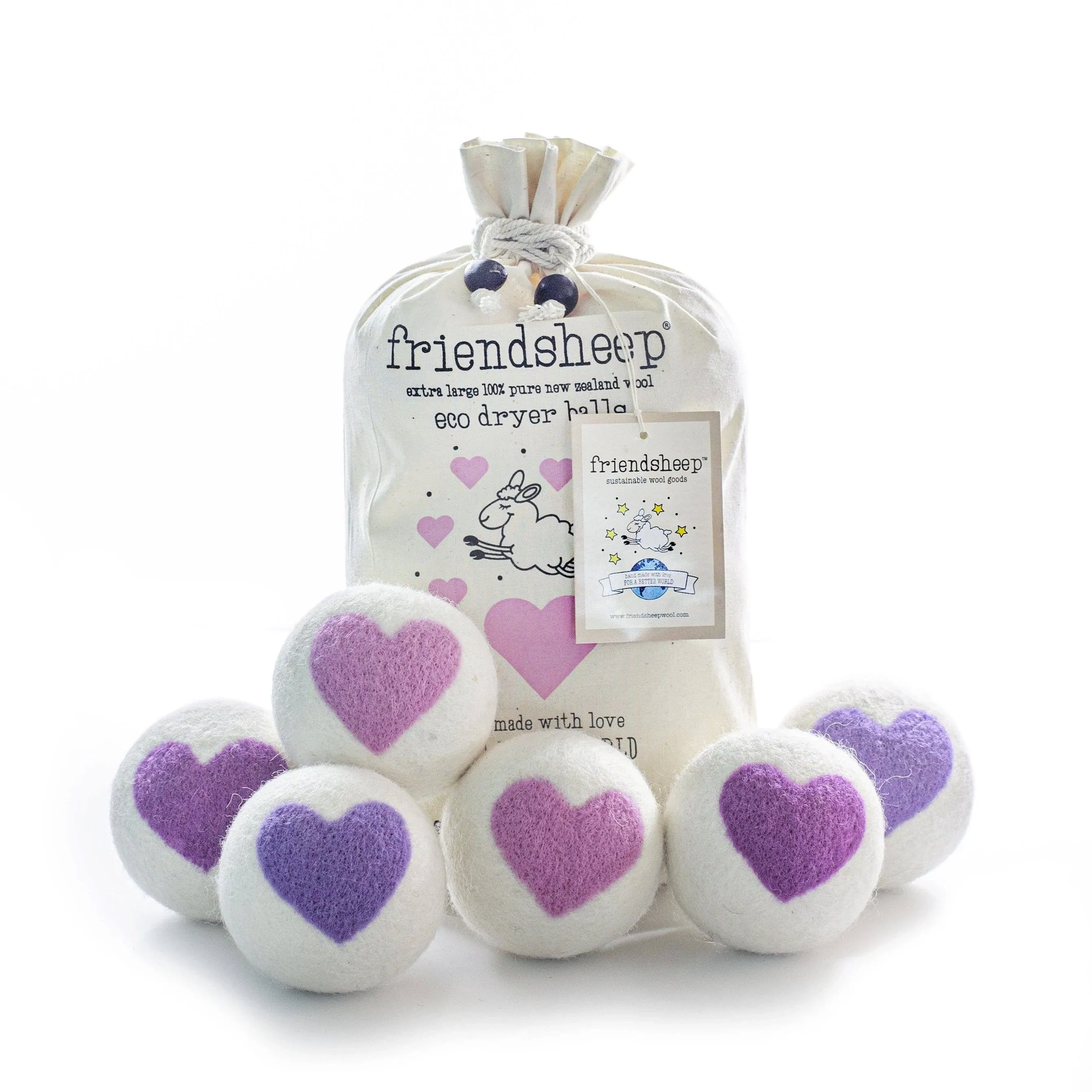 Friendsheep Organic Wool Dryer Balls Pink Purple Hearts 6 Pack XL Premium ...