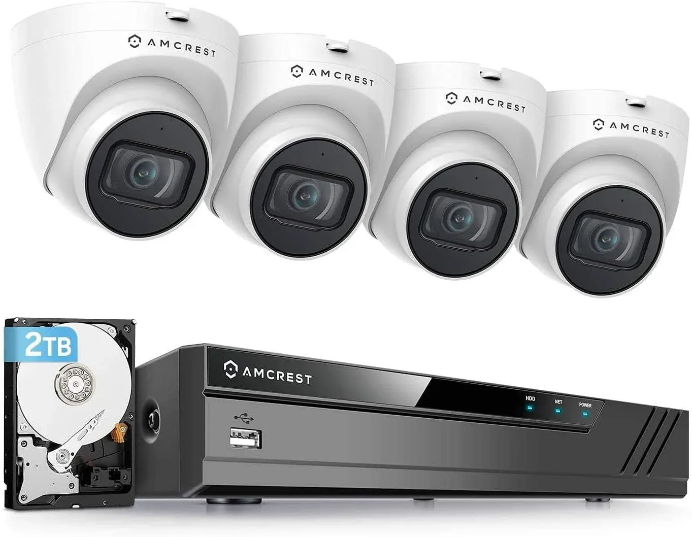 Amcrest 4K Security Camera System, 4K 8CH PoE NVR, (4) x 4K Night Color Turret POE IP Cameras, Active Deterrent, Pre-Installed 2TB Hard Drive, NV4108E-2779EW4-2TB (White)