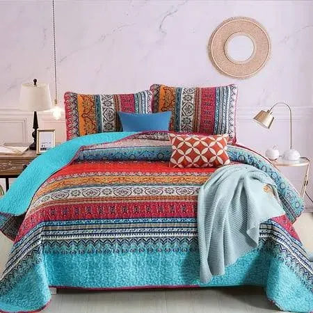 Bohemian Quilt Set Queen, Boho Striped Pattern Printed Quilt Coverlet for All Se