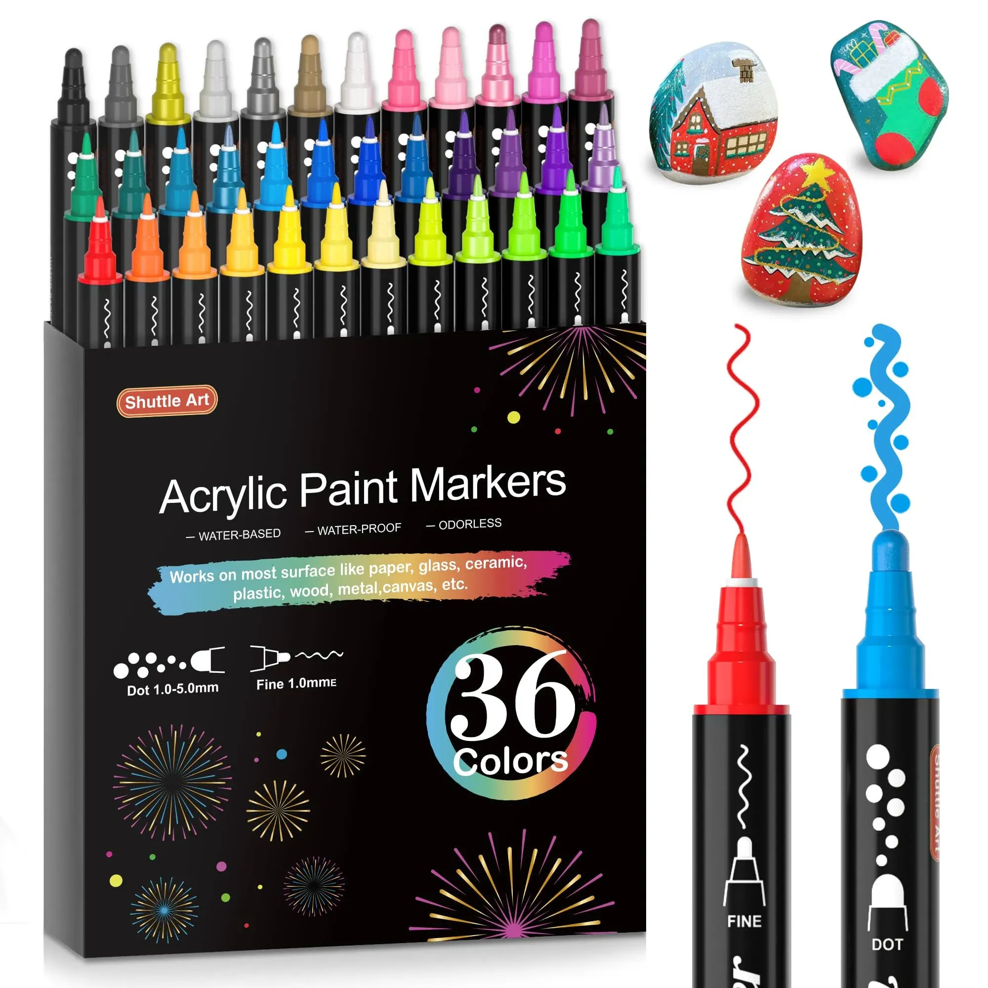 Shuttle Art 36 Colors Dual Tip Acrylic Paint Markers, Dot Tip and Fine Tip ...