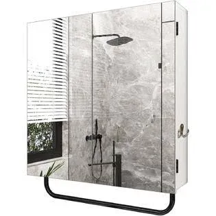 HLR Medicine Cabinet with Mirror, Wall Mounted with Removable Towels Bar and Side Hook, Mirror Cabinet for Bathroom, Living Room, Bedroom