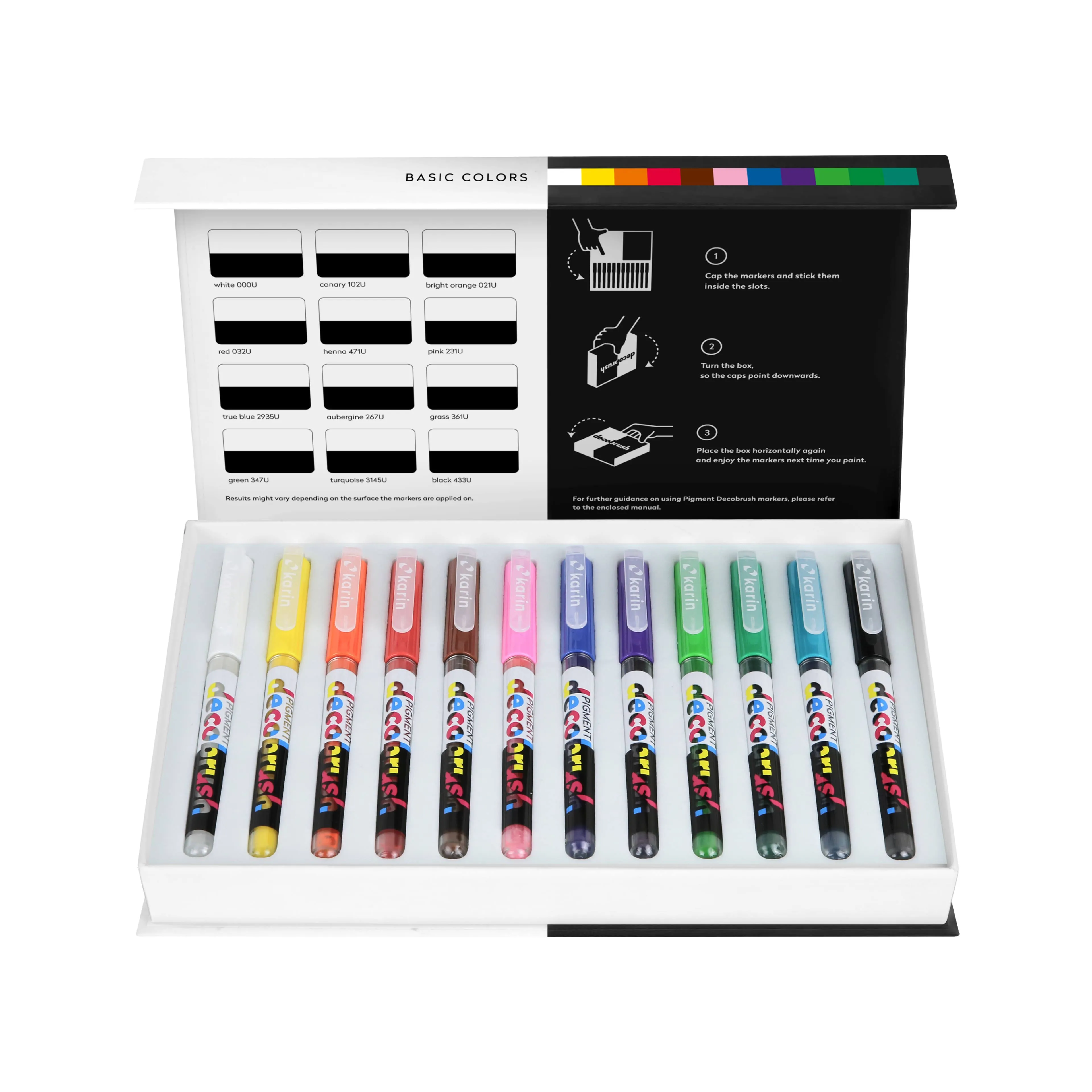 Karin Pigment DecoBrush 12 Color Basic Marker Set Paint Art NEW Copic Pantone