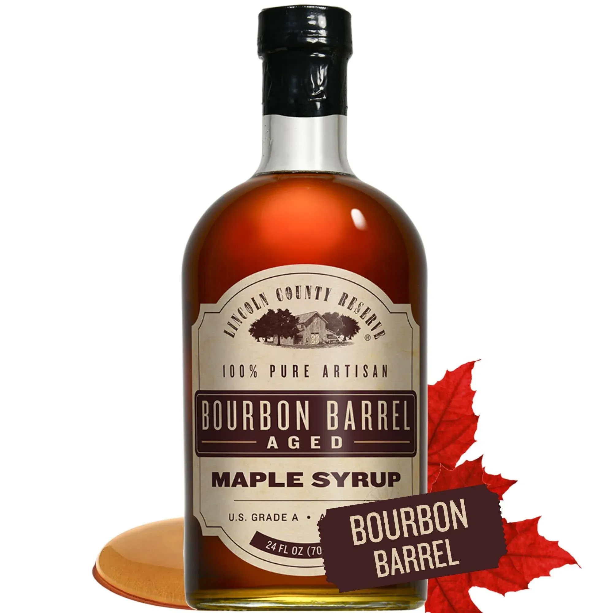 Bourbon Barrel Maple Syrup 24oz Glass Bottle, Made in USA Bourbon Barrel Aged Maple Syrup, Gluten Free All Natural Maple Syrup for Pancakes Waffles - Grade A Amber Rich Taste by Lincoln County Reserve