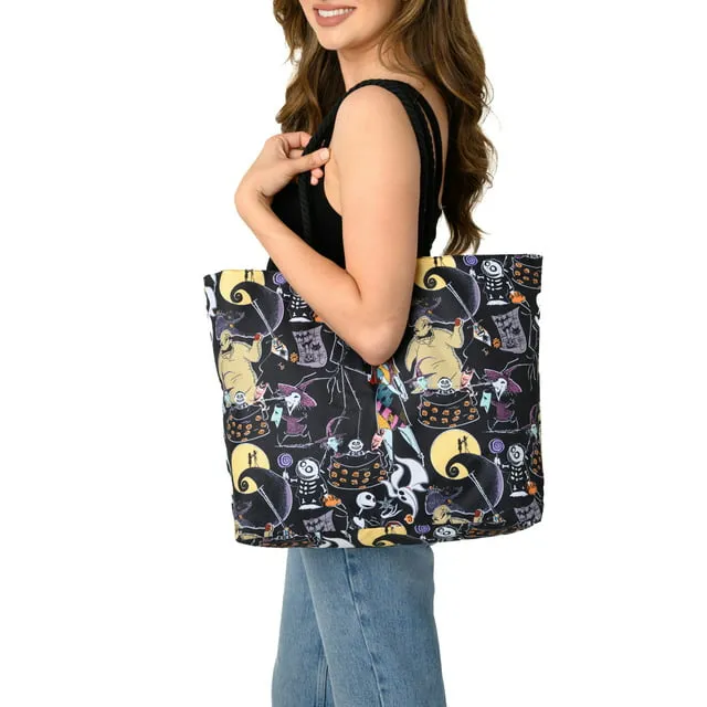 Disney Nightmare Before Christmas Tote, Jack Skellington Sally Zero Print, Large Water-Resistant Canvas Bag, Halloween Town Accessory, Work, Travel Carry-All for Women