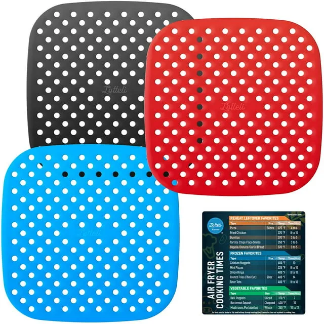 Reusable Silicone Air Fryer Liners 3 Pack with Air Fryer Magnetic Cheat Sheet, Easy Clean Air Fryer Accessories, Non Stick, AirFryer Accessory Parchment Paper Replacement - 8" Round