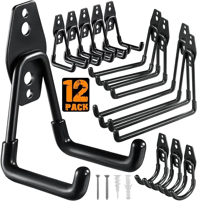 HUPBIPY 12 Pack Garage Hooks Heavy Duty,Utility Steel Garage Storage Hooks,Wall Mount Garage Hanger&Organizer for Organizing Power Tools,Ladders,Bulk