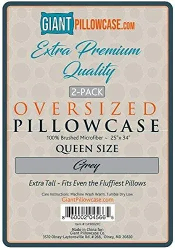 The Giant Pillowcase - Extra Large Extra Tall Pillowcases. 100% Microfiber. 2-Pack (Grey, Queen 25Wx34L) Fits Even The Fluffiest Pillows Including The Pancake Pillow.