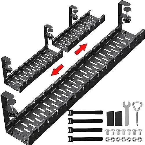 31Inch Extendable Under Desk Cable Management Tray, Metal Cable Management Tray Under Desk Cord Management with Clamp, Extendable Power Strip Cord Holder for Wire Cable Management