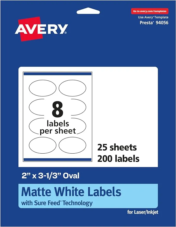 Avery Matte White Oval Labels with Sure Feed, 2" x 3-1/3", 200 Matte White Printable Labels