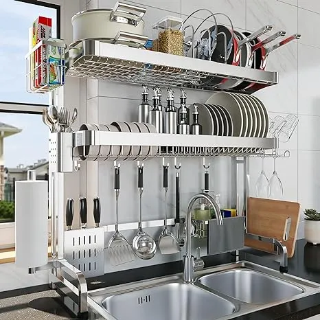 Over Sink Dish Drying Rack, 3 Tier Adjustable Length (20.87'' to 37.6'') Full Stainless Steel Large Storage Kitchen Dish Rack, Expandable Drainer Shelf Rack with Multifunctional