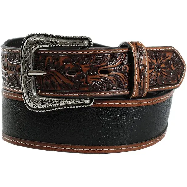 ARIAT APPAREL_BELT ARIAT Men's Genuine Leather Belt with Floral Embossed Tabs, Black/Brown, Size 34