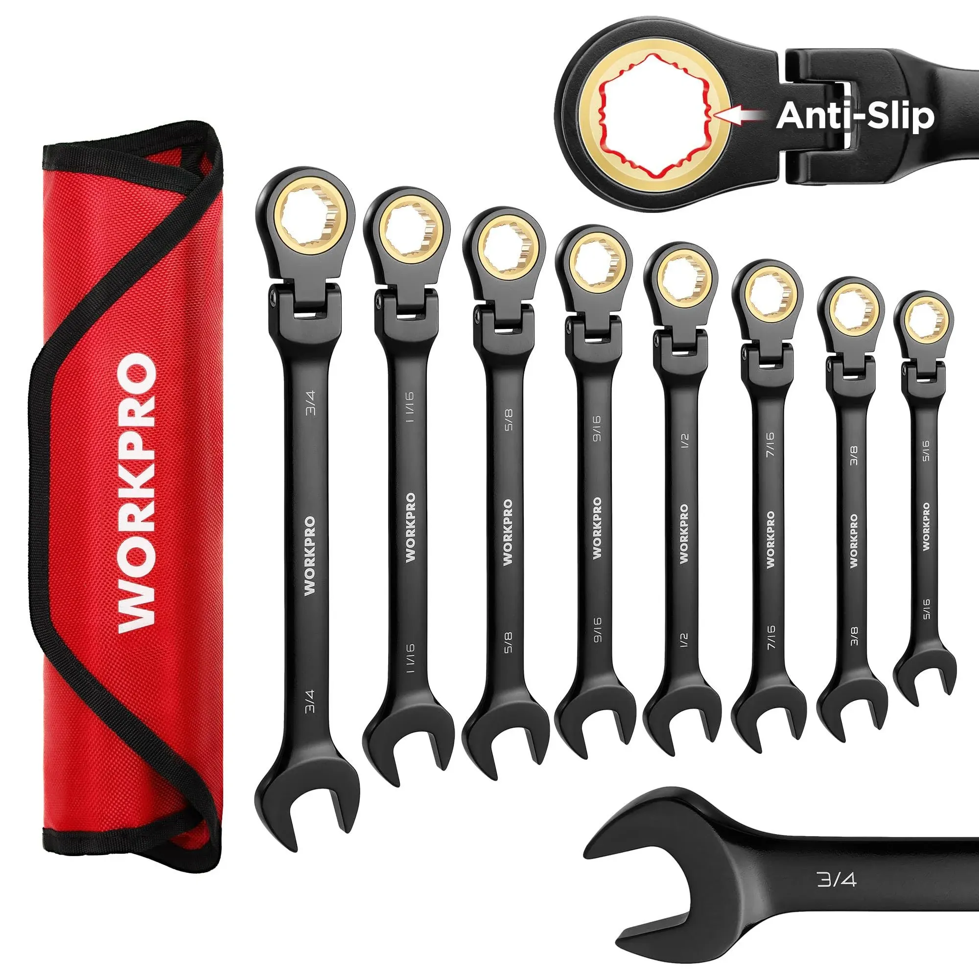 WORKPRO Ratcheting Combination Wrench Set, 8-Piece Flex-Head Anti-Slip Wrench Set SAE 5/16-3/4 in, 72-Teeth, Cr-V Constructed, Black Electrophoretic Coating with Rolling Pouch