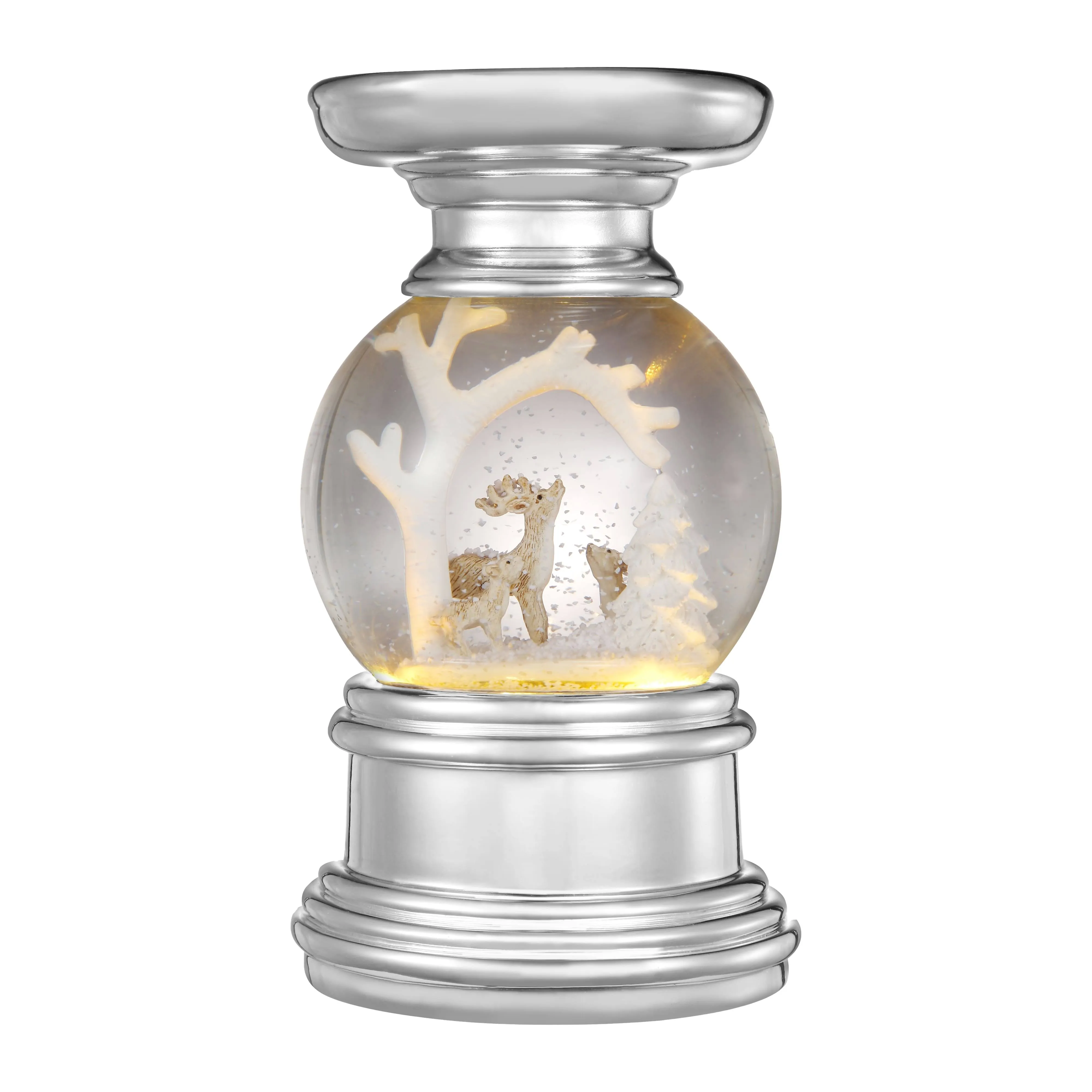 Haute Decor Snowburst 7 Inch Battery Operated Deer in Woods Christmas Snow Globe with Candle Holder and Built-in Timer, 3 Warm White LED’s and Pulsing Snow Swirls for Pillar Candles