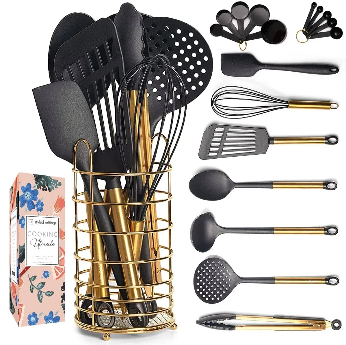 Styled Settings Black and Gold Kitchen Utensils with Stainless Steel Gold Utensil ...