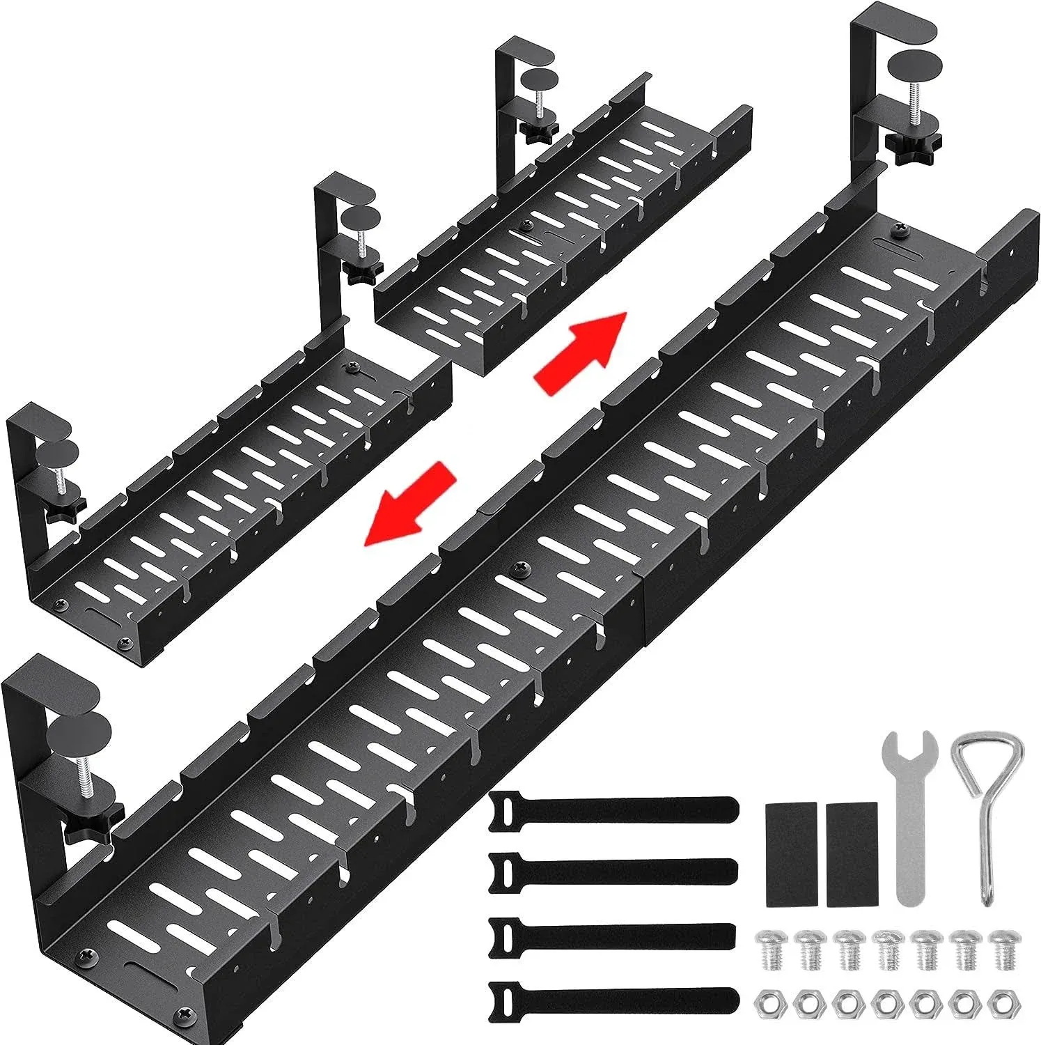 BIWIST No Drilling Extendable Under Desk Cable Management, Metal Cable Management Tray Under Desk with Clamp, Retractable Power Strip Cord Holder