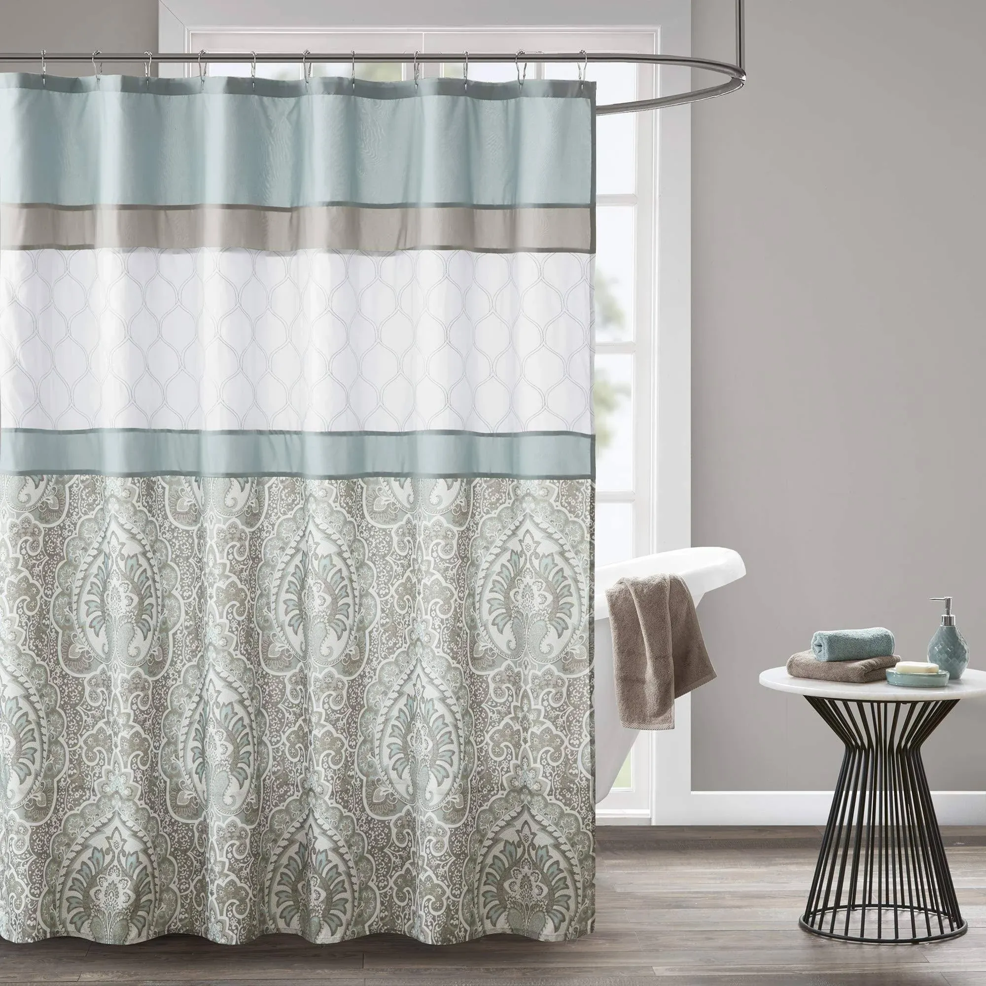 510 DESIGN Shower Curtain, Geometric Textured Embroidery Design with Built-in Li