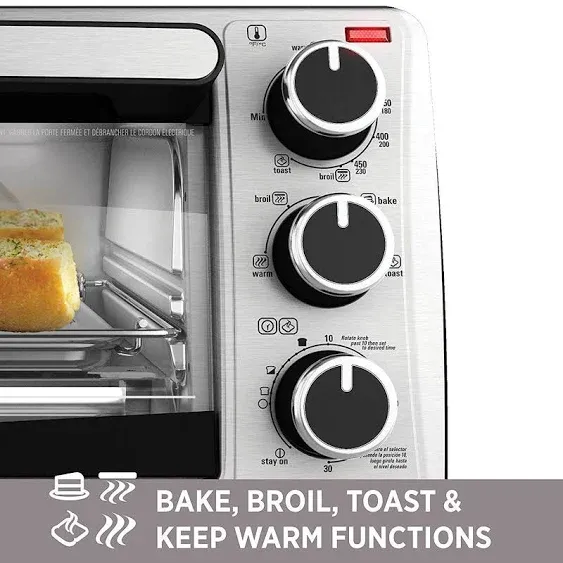 Black+Decker TO1303SB 4-Slice Toaster Oven, 14.5 x 8.8 x 10.8 inches, Stainless Steel/Black