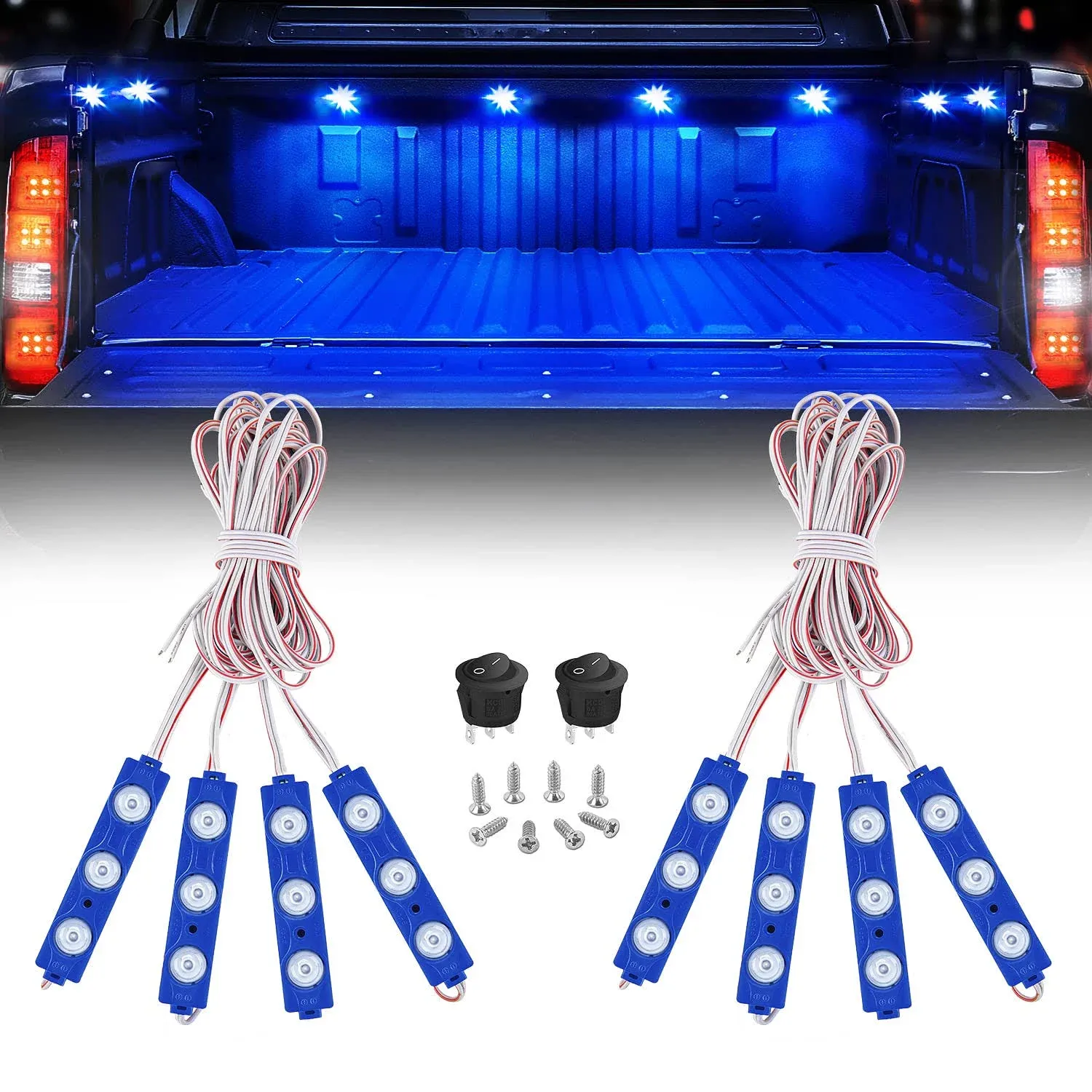 Nilight 8PCS Truck Pickup Bed Light 24LED Blue Cargo Rock Lighting Kits with Switch for Van Off-Road Under Car Side Marker Foot Wells Rail